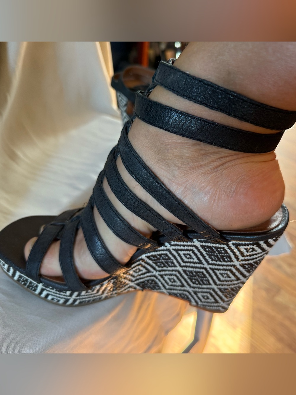 Lucky Brand Black Strappy Wedge Sandals with Patterned Heel
